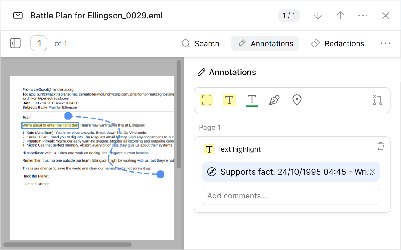 Litigaze document annotation linked to a supporting case fact